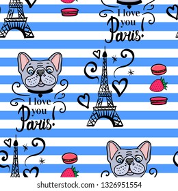 French Bulldog seamless pattern. Striped blue and white background. Vector black hand drawn. Eiffel tower illustration with inscription Paris i love you.