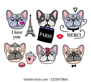 French Bulldog set. Eiffel Tower and cute dog faces. Vector hand drawn isolated on white background