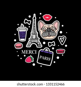 French Bulldog set. Eiffel Tower and cute dog faces. Vector hand drawn Sticker. Paris shopping bag. Sticker on black