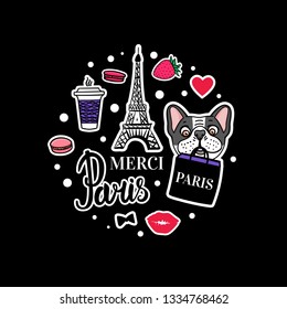 French Bulldog set. Eiffel Tower and cute dog faces. Vector hand drawn Sticker. Paris shopping bag. Sticker on black