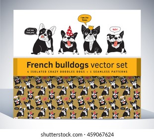 French bulldog set pack characters pattern and objects. Color vector illustration. EPS8