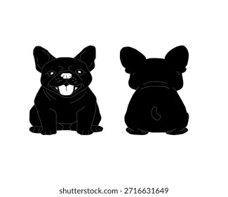 Vista frontal y posterior de la silueta del bulldog francés. Ilustración de forma de perro mínima. Lindo Vector Animal Cachorro. Gráfico de mascotas simple aislado.
