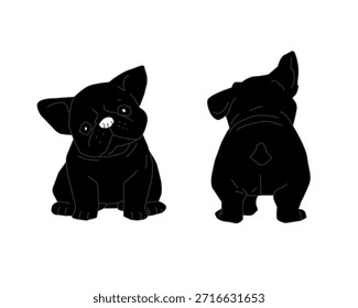 Vista frontal y posterior de la silueta del bulldog francés. Ilustración de forma de perro mínima. Lindo Vector Animal Cachorro. Gráfico de mascotas simple aislado.
