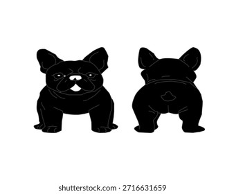 Vista frontal y posterior de la silueta del bulldog francés. Ilustración de forma de perro mínima. Lindo Vector Animal Cachorro. Gráfico de mascotas simple aislado.
