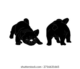 Vista frontal y posterior de la silueta del bulldog francés. Ilustración de forma de perro mínima. Lindo Vector Animal Cachorro. Gráfico de mascotas simple aislado.
