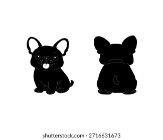 Vista frontal y posterior de la silueta del bulldog francés. Ilustración de forma de perro mínima. Lindo Vector Animal Cachorro. Gráfico de mascotas simple aislado.
