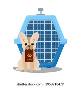 The French Bulldog sits with a travel bag next to the carrier. Plastic pet carrier cage. Traveling with pets, visiting a veterinarian. Vector illustration isolated on white background.