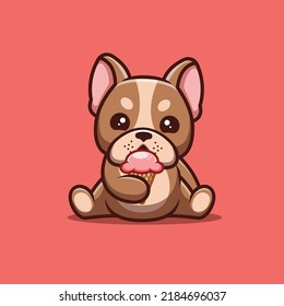 Französischer Bulldog, der Eis isst, Creme Cute Creative Kawaii Cartoon Mascot Logo