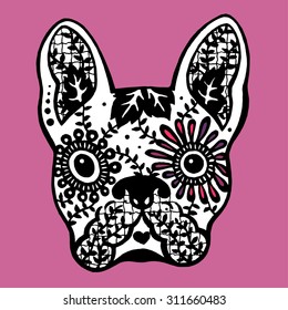 French Bulldog Sugar Skull, Frenchie Cute Dog Day Of The Dead, Vector Illustration Design