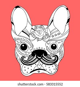 French Bulldog Sugar Skull, Frenchie Cute Dog Day Of The Dead, Vector Illustration Design Hand Drawn