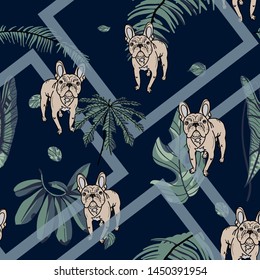 French Bulldog and tropical leaves on dark background seamless pattern. Geometry shapes vector illustration texture. 