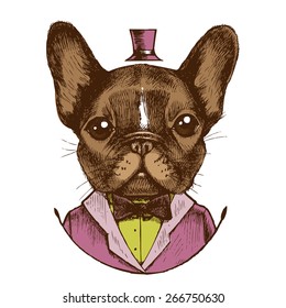 French bulldog in a tuxedo. Hand drawn vector illustration. Hipster style.