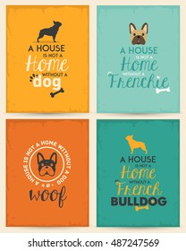 French Bulldog Typographic Background Set. Posters / Greeting Cards in Vintage Style