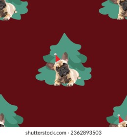 Perro de toro francés bajo el patrón del árbol de Navidad sin fisuras. Fondo de invierno popular y repetible. Feliz tarjeta de Navidad para perros de Howlidays Dog para los amantes del perro. Textura abstracta con frenchie, árbol. Estilo de caricatura.