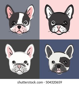 French Bulldog. Vector set of cute bulldog's face. Vector illustration.