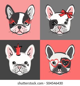 French Bulldog. Vector set of cute bulldog's face. Vector illustration.
