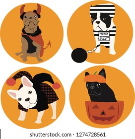 French bulldog vectors, Halloween, Adobe Illustrator, EPS file,  dog character, dog cartoon, illustration, halloween costume, funny dog, pumpkin, evil, clown, prisoner, icons, french bulldog