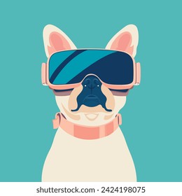 Bulldog francés con gafas VR. Fondo azul sólido
