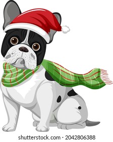 French bulldog wearing Christmas hat cartoon character  illustration