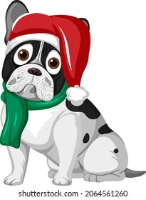 French bulldog wearing Christmas hat cartoon character  illustration