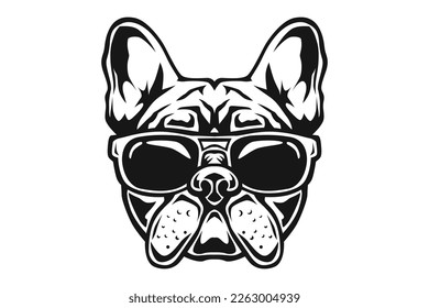 French bulldog wearing sunglasses illustration, french bulldog head logo black and white