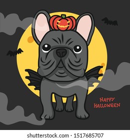 French Bulldog with wing and pumpkin monster and full moon, Happy Halloween cartoon vector illustration