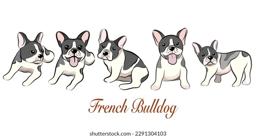 French bulldogs in different poses  Adult   puppy set  Vector illustration in doodle hand drawn style