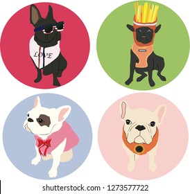 French bulldogs illustrations EPS, Dogs,Bulldog, dog character design, cartoon, Halloween costume. French bulldog vectors, icons.