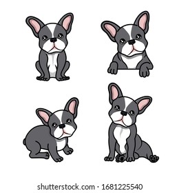 French bulldogs. Set of cute little French bulldog. Vector dog set. Funny cartoon puppy isolated on white background. Vector illustration.