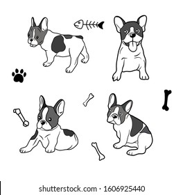 French bulldogs. Vector bulldog set. Funny cartoon puppy isolated on white background.