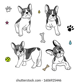 French bulldogs. Vector bulldog set. Funny cartoon puppy isolated on white background.