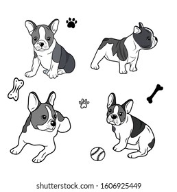 French bulldogs. Vector bulldog set. Funny cartoon puppy isolated on white background.