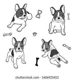 French bulldogs. Vector bulldog set. Funny cartoon puppy isolated on white background.