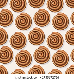 French bun cinnamon seamless pattern in sketch, engraving style. Vector illustration. Bakery food