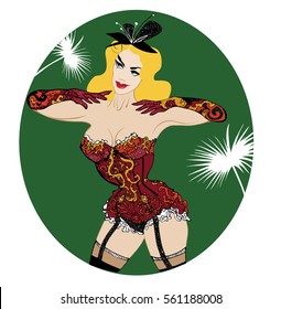  french burlesque dancer and actress. abstract carnival lady in red corset. woman with blonde hair in frame