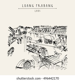 French cafe in a backpacker district of Luang Prabang, Laos, Southeast Asia.  Vintage hand drawn touristic postcard in vector