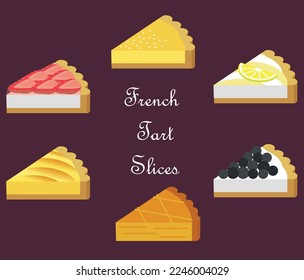 French cake slices in isometric 3d design. Vector icons for desserts with apple lemon blueberry and cream.