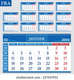 French calendar 2016, horizontal calendar grid, vector