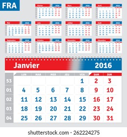 French calendar 2016, horizontal calendar grid, vector