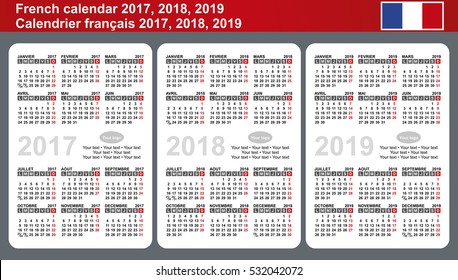 French calendar 2017, 2018, 2019. Vector template with place for Logo and simple text. Week Starts Monday.