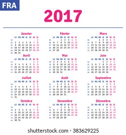 French Calendar 2017 Horizontal Calendar Grid Stock Vector (Royalty ...