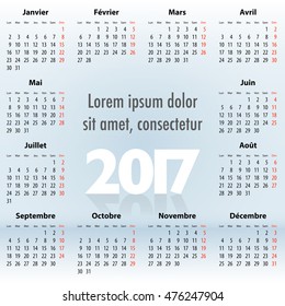 French Calendar for 2017 year on blue background. Mondays first. For web, print and presentations. Vector illustration