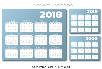 French Calendar 2018 2019 2020 blue gray vector  text is outline 