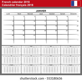 French calendar 2018. Planning calendar template. Black and white. Vector illustration. January - December.