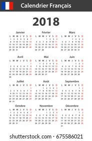 French Calendar for 2018. Scheduler, agenda or diary template. Week starts on Monday