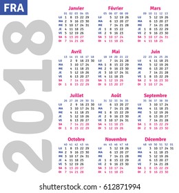 French calendar 2018, vertical calendar grid, vector 
