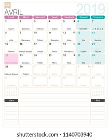 French calendar 2019 / April 2019, French printable monthly calendar template, including name days, lunar phases and official holidays.