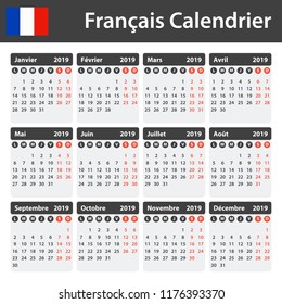 French Calendar for 2019. Scheduler, agenda or diary template. Week starts on Monday