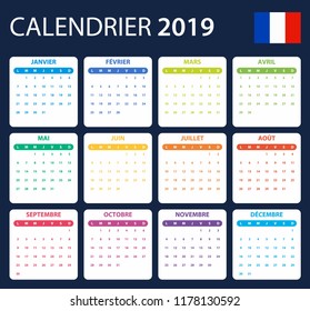 French Calendar for 2019. Scheduler, agenda or diary template. Week starts on Monday