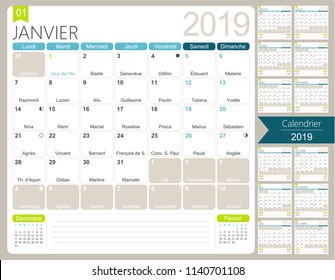 Calendario francés 2019 / Calendario 2019, conjunto de 12 meses de enero a diciembre, plantilla de calendario mensual imprimible en francés, incluidos los días de nombre, las fases lunares y los feriados oficiales, ilustración vectorial